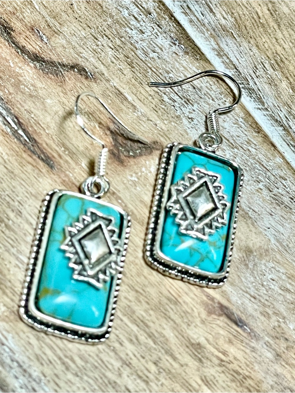 Turquoise Rectangular Drop Earrings With Silver Accent
